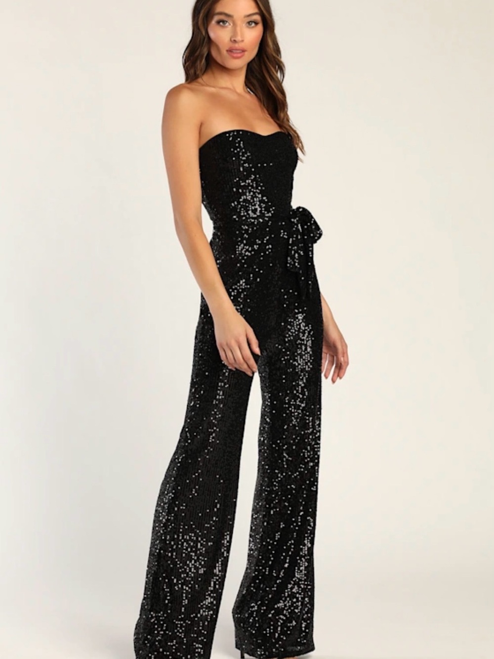 NWT Lulu’s Flirty Moves Strapless Black Sequin Jumpsuit with Waist Tie